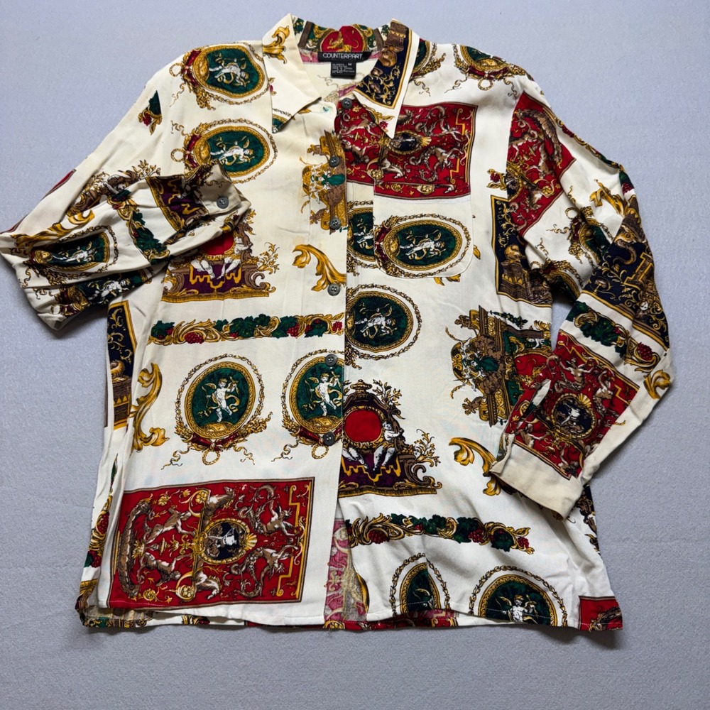 Counterparts Vintage Renaissance Crest Cherub Print Rayon Button Up Shirt Med